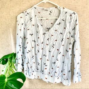 A New Day Bird Print Banded Bottom Blouse